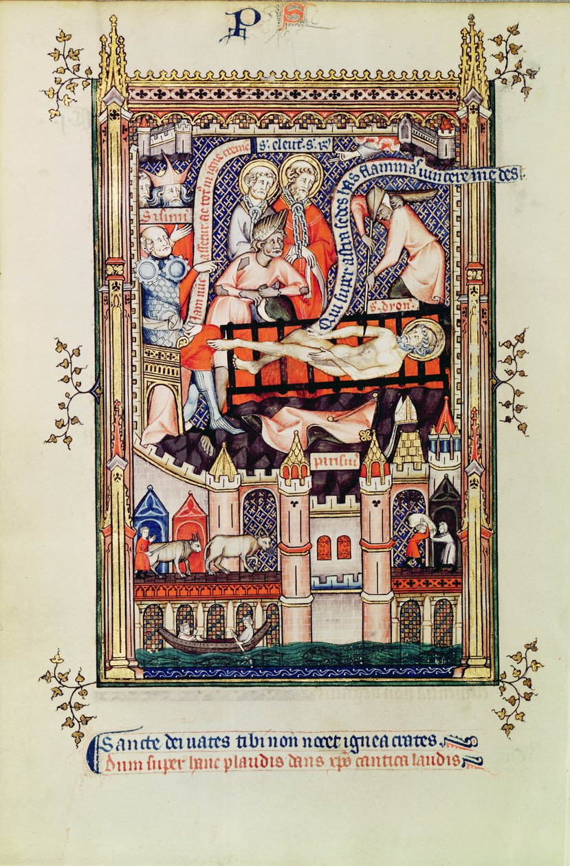 Fr 2092 f.22v سانت دينيس يتعرض للتعذيب على الرف ، من Vie de St. Denis ، 1317 بواسطة المدرسة الفرنسية