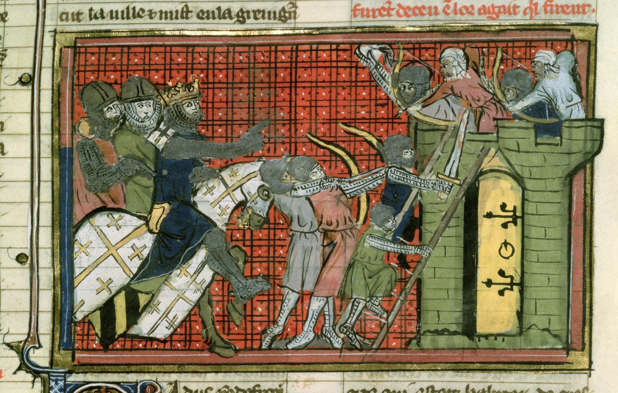 Fr 22495 f.36r هجوم على بلدة ، من Le Roman de Godefroi de Bouillon بواسطة المدرسة الفرنسية