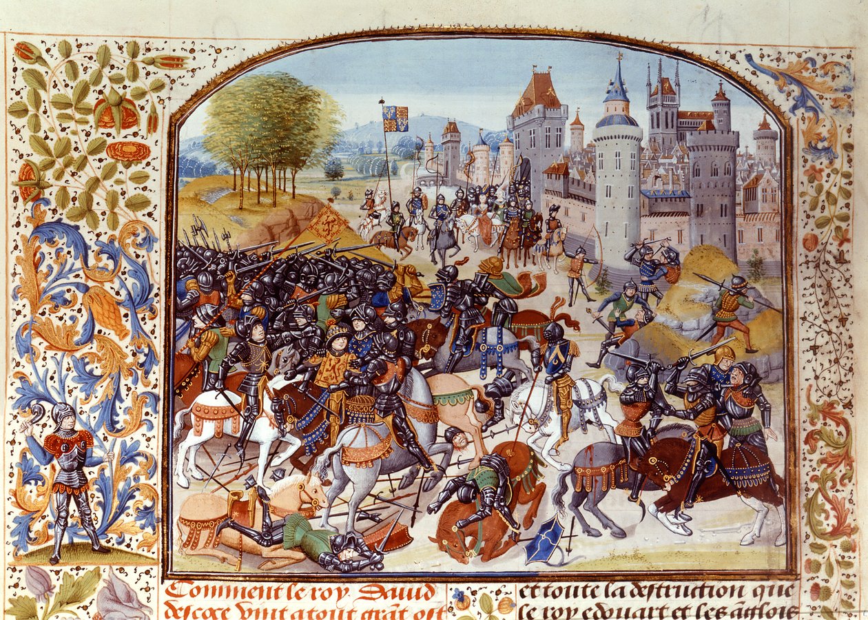Fr 2643 f.97v معركة نيفيلز كروس من حرب المائة عام عام 1346 ، من Froissarts Chronicle بواسطة المدرسة الفرنسية