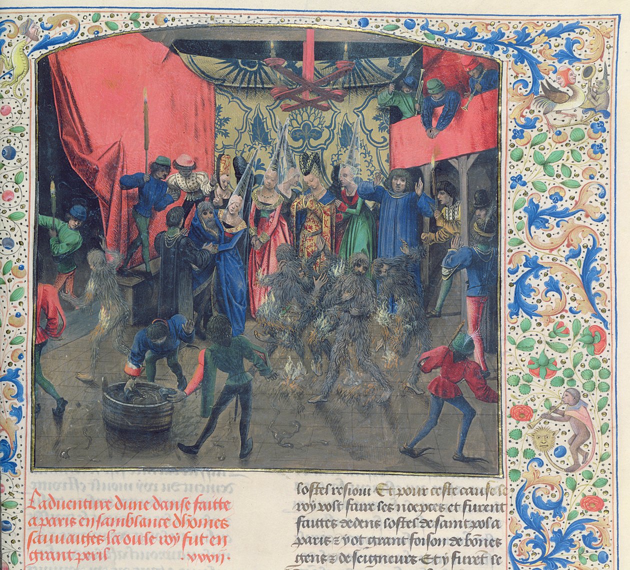 الاب 2646 f.176 بال دي اردنتس ، انقاذ دوقة بيري من قبل دوقة بيري بعد ان احرق لويس من اورليانز ملابس الراقصين ، 1392 ، من Froissarts Chronicle بواسطة المدرسة الفرنسية