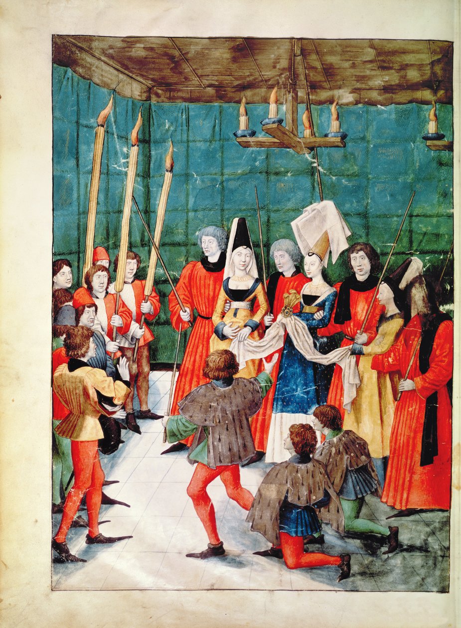 Fr 2692 f.70v الملكة تقدم الجائزة لبطولة مبارزة ، من Livre des Tournois de Rene dAnjou ، c.1488-89 بواسطة المدرسة الفرنسية