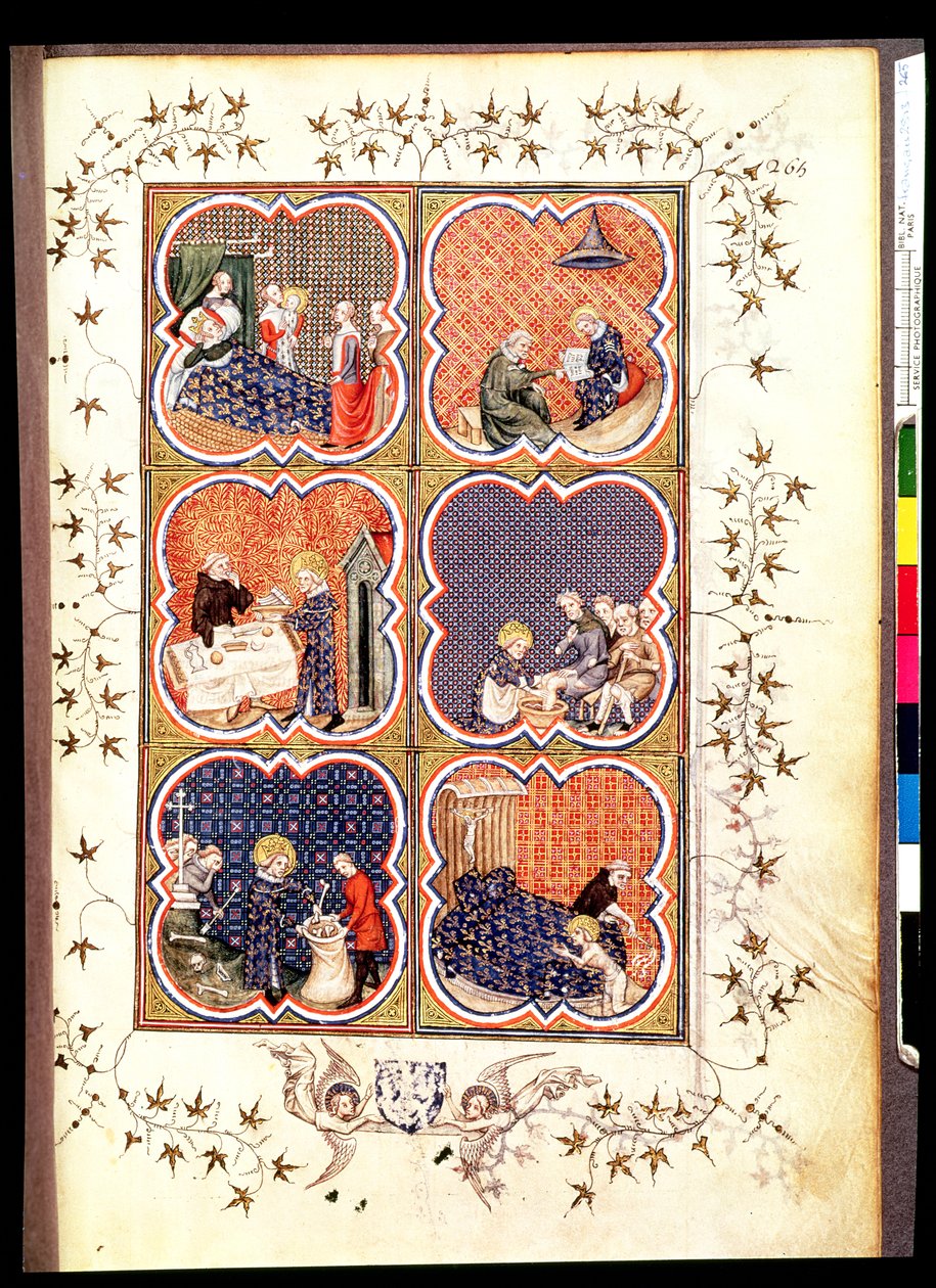 Fr 2813 f.265 ستة مشاهد من حياة سانت لويس (1215-70) ، من Grandes Chroniques de France ، 1375-79 بواسطة المدرسة الفرنسية