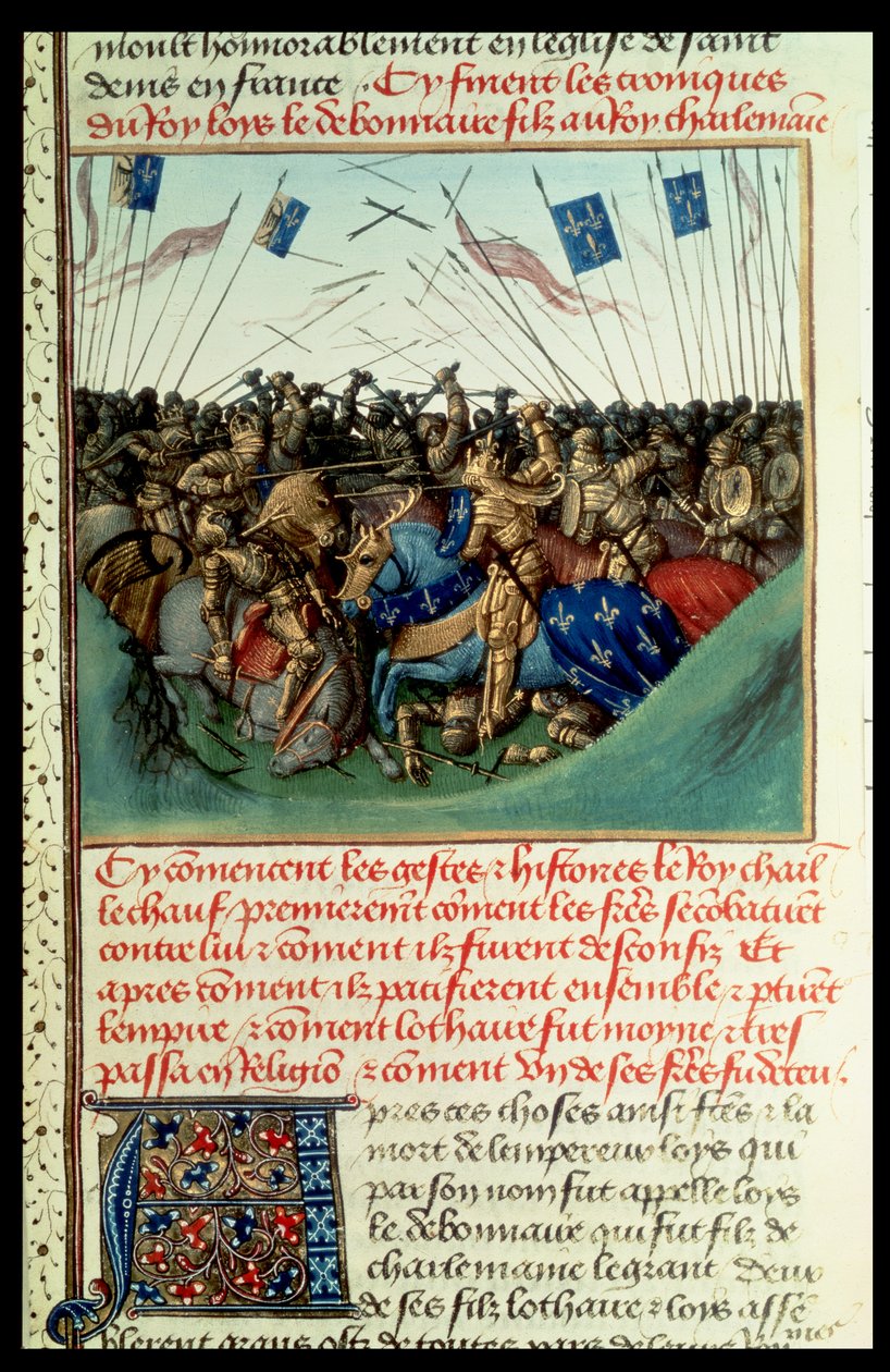 الاب 6465 f.140 Lothair I (795-855) امبراطور الغرب في قتال مع اخوته لويس الالماني (c.804-76) وتشارلز اصل (823-77) في Fontenoy en Puisaye في 841 بواسطة المدرسة الفرنسية