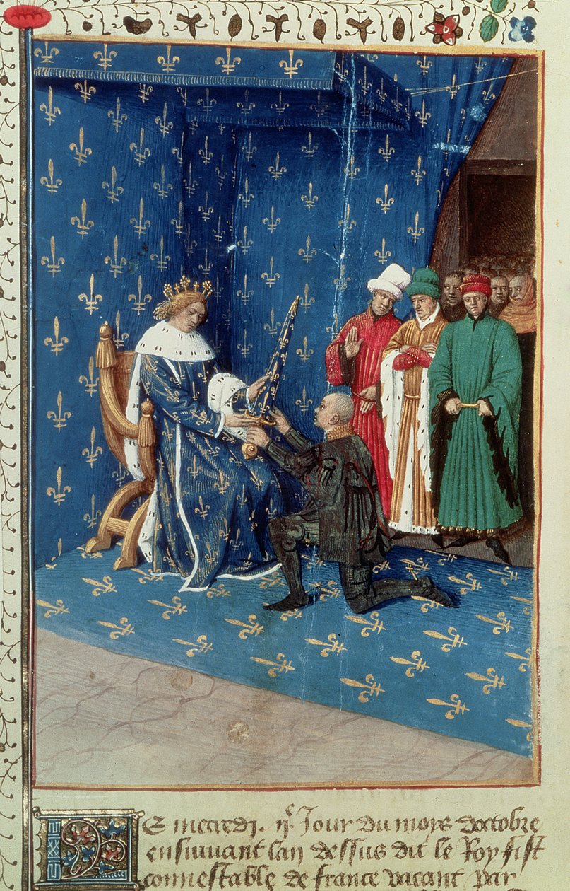 Fr 6465 f.434v Charles V (1338-80) Knighting the Convert Bertrand Duguesclin ، أكتوبر 1390 بواسطة المدرسة الفرنسية