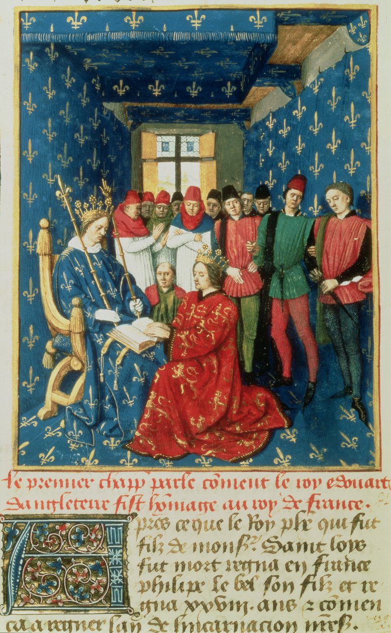 Fr 6465 fol.301v إدوارد الأول (1239-1307) يشيد بملك فرنسا ، فيليب الرابع لو بيل (1268-1314) ، لدوقية آكيتين بواسطة المدرسة الفرنسية