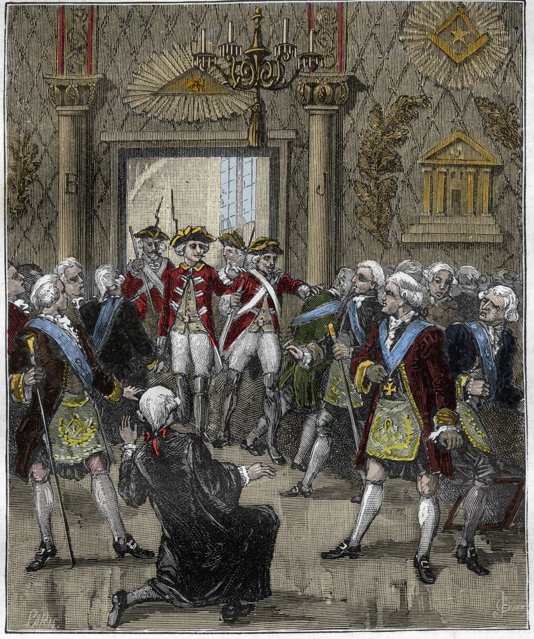 Franc-Maconnerie (Franc Maconnerie) في فندق de Soisson في باريس في يونيو 1745: توقف حفل Franco-macon بوصول مفوض الشرطة. نقش في "باريس عبر القرون" ، جوردون دي كينويلاك 1880.. بواسطة المدرسة الفرنسية