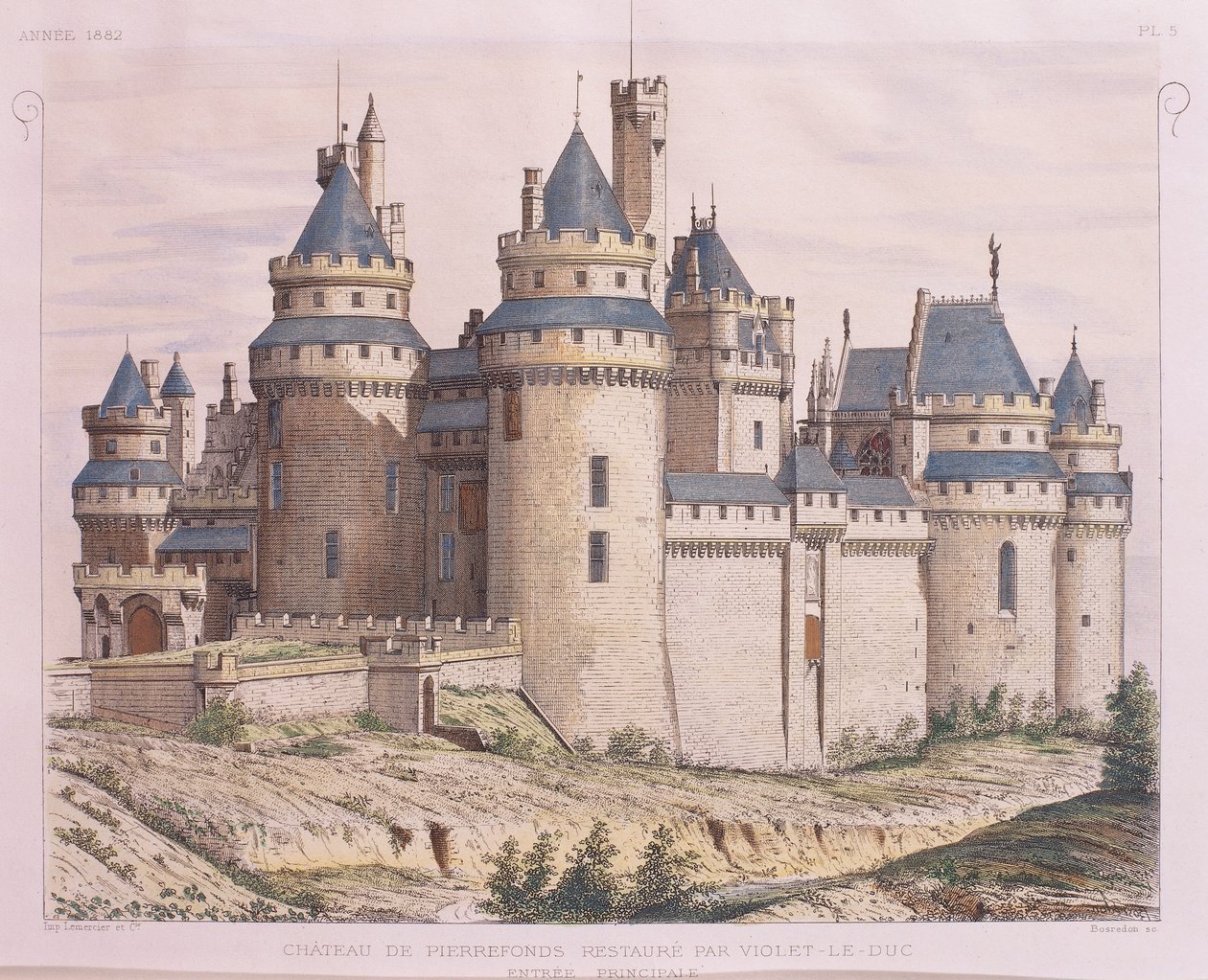 فرنسا ، قلعة Pierrefonds Medieval ، التي تم ترميمها بواسطة Violet le Duc من Moniteur des Architectes ، نقش بواسطة المدرسة الفرنسية