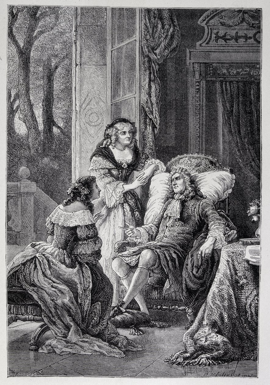 فرانسوا دي لا روشفوكولد (1613-1680) يتحدث مع مادموزيل دي سيفيني (ماري دي رابوتين-شانتال) ، ماركيز دي سيفيني ديت مدام دي سيفيني (1626-1696) وماري مادلين (ماري مادلين) بيوش دي لا فيرجن ، كونتيسة دي لافاييت (مدام دي لا ف بواسطة المدرسة الفرنسية
