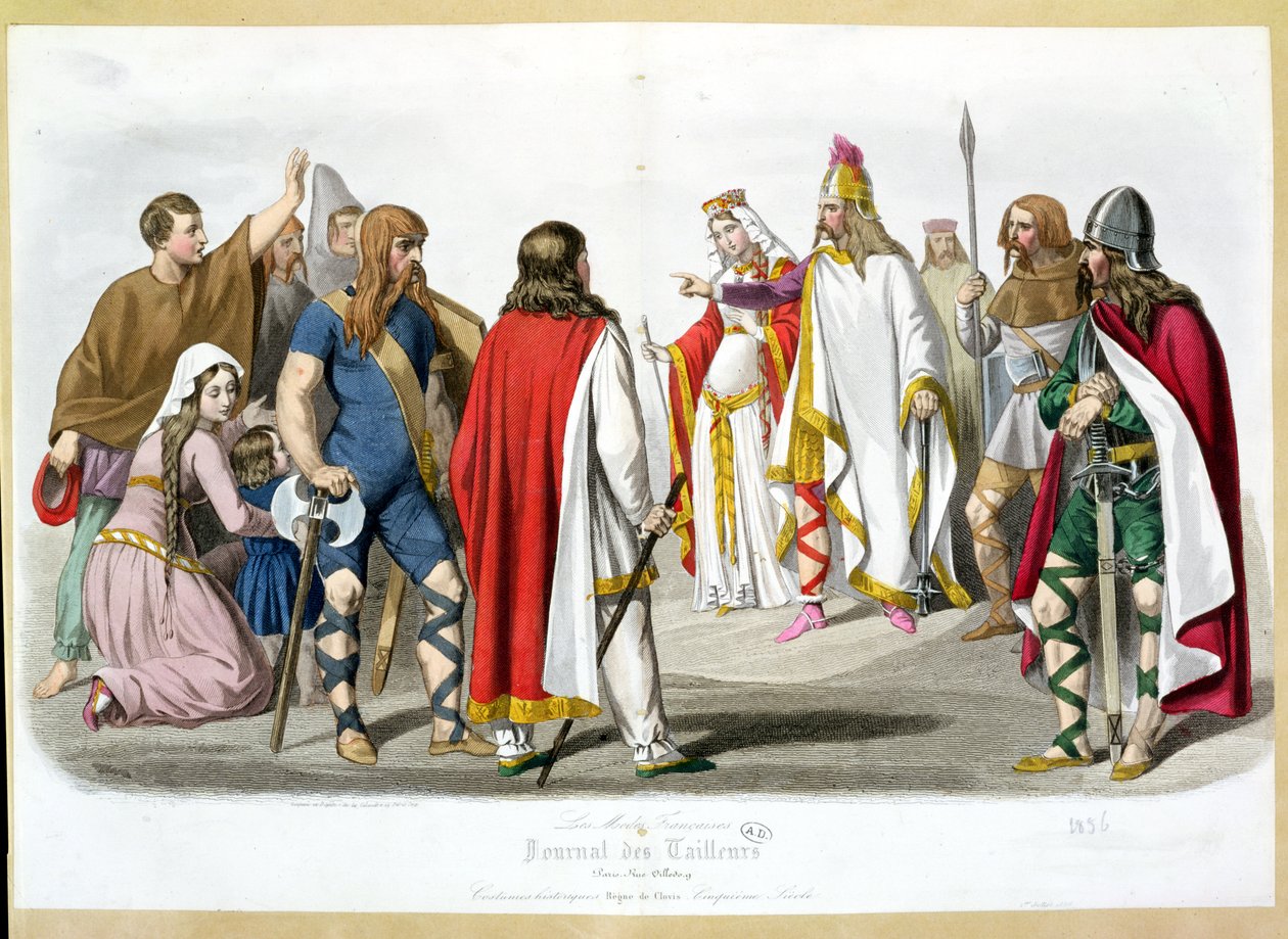 أزياء الفرنجة والميروفنجي ، لوحة أزياء تاريخية من Les Modes Francaises - Journal des Tailleurs ، 1836 بواسطة المدرسة الفرنسية