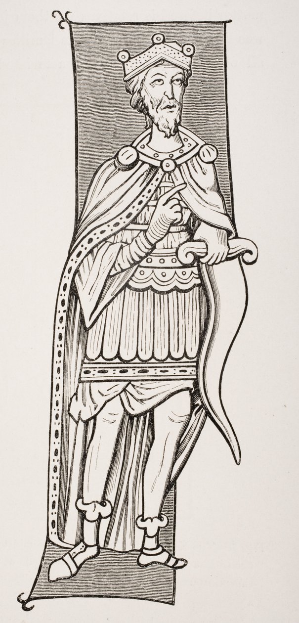 رئيس أو ملك الفرنجة مسلح بصرامة ، بعد مصغر من القرن التاسع ، من "Le Moyen Age et La Renaissance" بواسطة Paul Lacroix (1806-1884) نشر عام 1847 بواسطة المدرسة الفرنسية