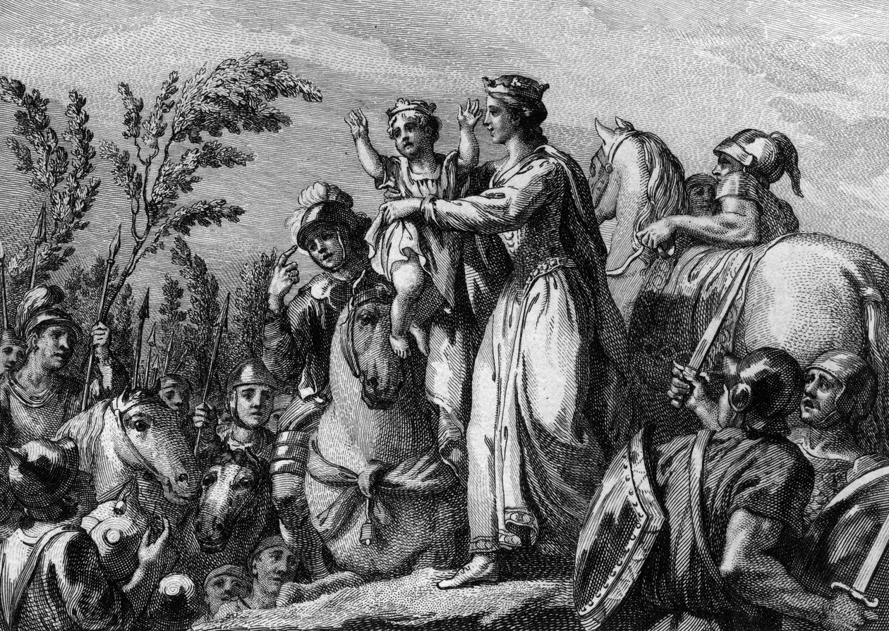 فريدجوندي (545-597) ، ملكة نيوستريا ، تحمل بين ذراعيها ابنها المستقبلي كلوثري الثاني (584-628) ؛ 584. نقش القرن الثامن عشر. بواسطة المدرسة الفرنسية