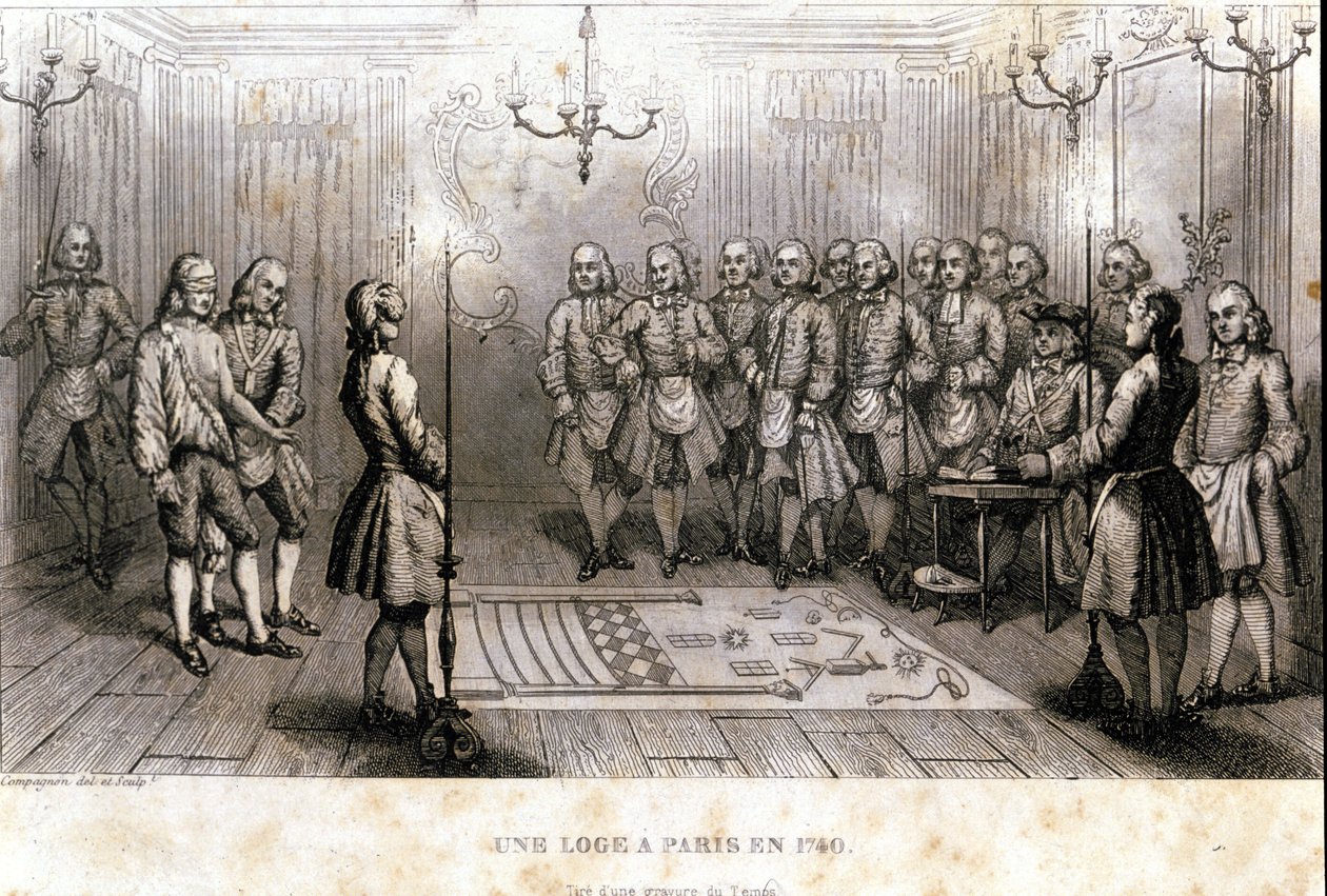 الماسونية: اجتماع سري في نزل في باريس عام 1740. نقش من "" التاريخ الخلاب للفرانك ماكونيري و ديس سوسيتيز سيكريتيس القديمة والحديثة "بقلم F.-T. كلافيل. باجنير ، محرر. 1843. بواسطة المدرسة الفرنسية