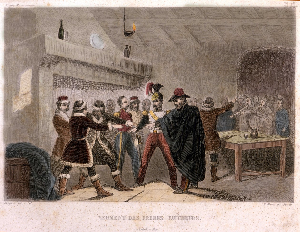الماسونية: قسم الأخوة الحاصدين في بوتوك عام 1821. نقش من "" التاريخ الخلاب للفرانك ماكونيري وآخرون سوسيتيز سيكريتس آنتيك آند مودرن "بقلم إف تي بي كلافيل. باجنير ، محرر. 1843. بواسطة المدرسة الفرنسية
