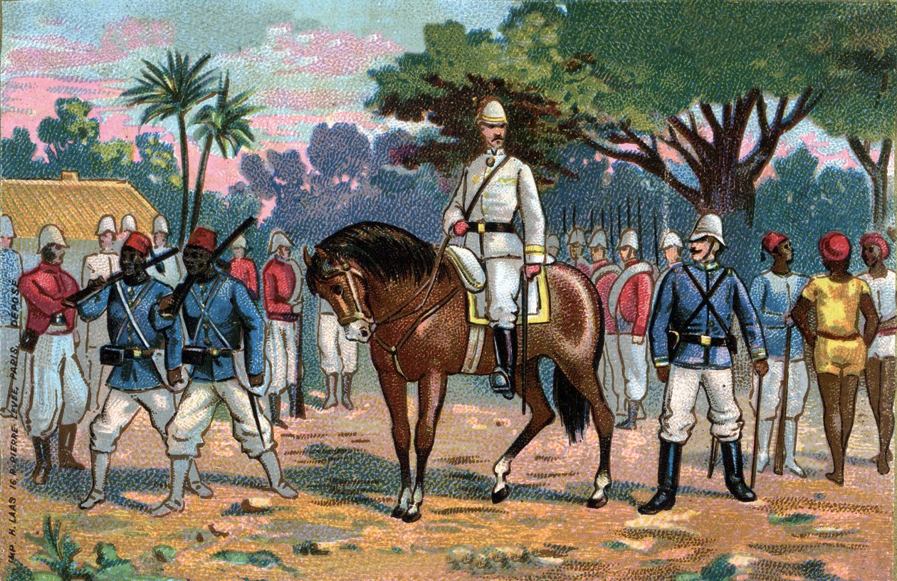 البعثة الفرنسية إلى داهومي: الجنرال الفرنسي ألفريد أميدي دودز (1842-1922) إلى بنين (داهومي) في 1892. بواسطة المدرسة الفرنسية