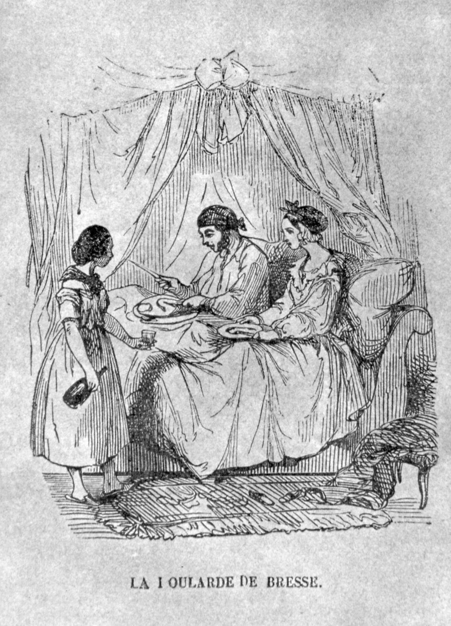 رسم توضيحي فرنسي لشخص طريح الفراش مصاب بالنقرس. 1848 (نقش) بواسطة المدرسة الفرنسية