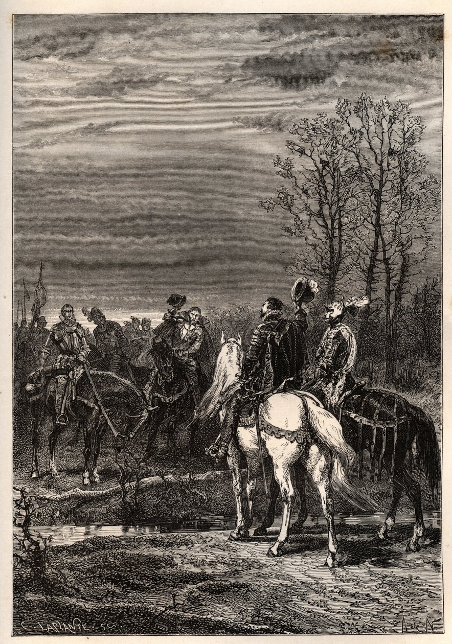 الحروب الدينية الفرنسية - أكتوبر 1569 حرب الدين - المحادثات التي سبقت معركة مونكونتور (هنري ، دوق أنجو المستقبلي هنري الثالث وغاسبار الثاني ملك كوليني - معركة مونكونتور (أكتوبر 1569) - نقش من "" تاريخ فرنسا روى ل بواسطة المدرسة الفرنسية