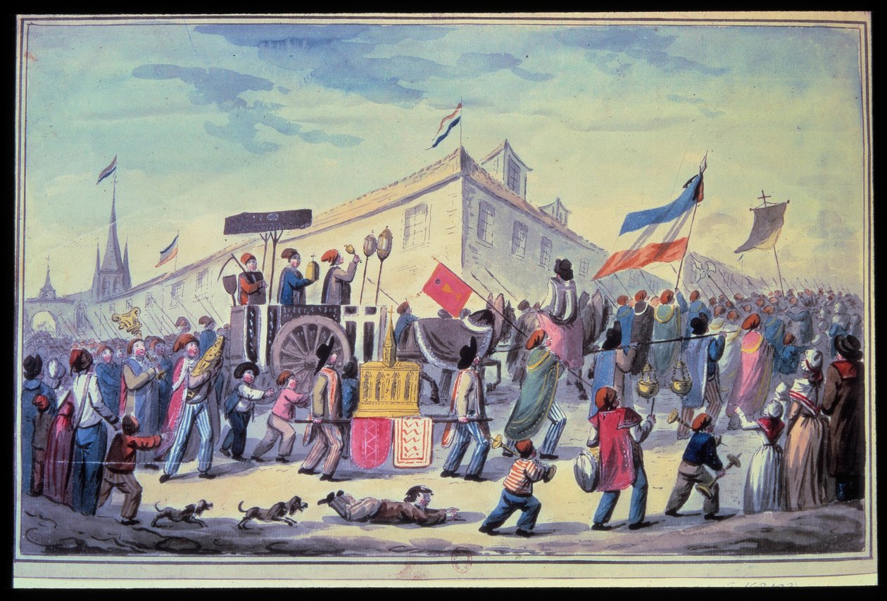 الثورة الفرنسية: "" حفلة تنكرية معادية للدين في نوفمبر 1793 "" لوحة مائية مجهولة من عام 1793. مكتبة باريس في الأرسنال بواسطة المدرسة الفرنسية
