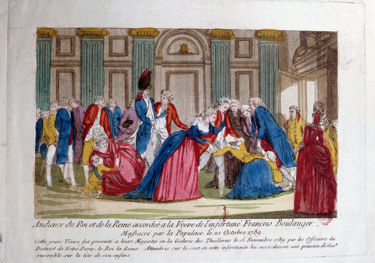 الثورة الفرنسية: "" لقاء لويس السادس عشر وماري أنطوانيت في 15/11/1789 منحت لأرملة مجزرة فرانسوا بولانجر من قبل الجماهير في 21/10/1789 "" نقش القرن الثامن عشر. باريس ، مكتبة الارسنال بواسطة المدرسة الفرنسية