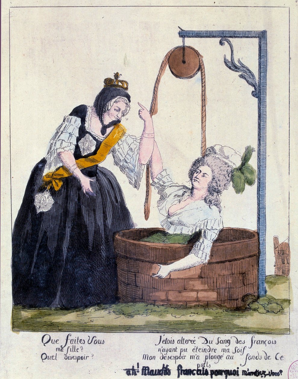 الثورة الفرنسية: رسم كاريكاتوري ضد الملكة ماري أنطوانيت (1755-1793) سقط في قاع بئر لرغبتها في إرواء عطشها للدم الفرنسي. القرن ال 18. باريس ، ب. بواسطة المدرسة الفرنسية