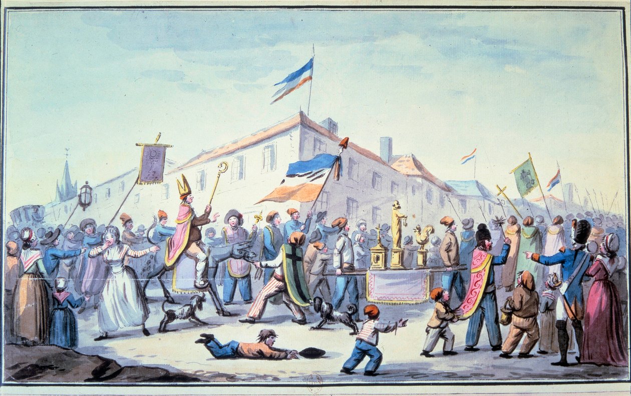 الثورة الفرنسية: "" تنكّر الشعب بالملابس الكهنوتية ". لوحة مائية مجهولة. 1793. باريس ، مكتبة لارسنال بواسطة المدرسة الفرنسية