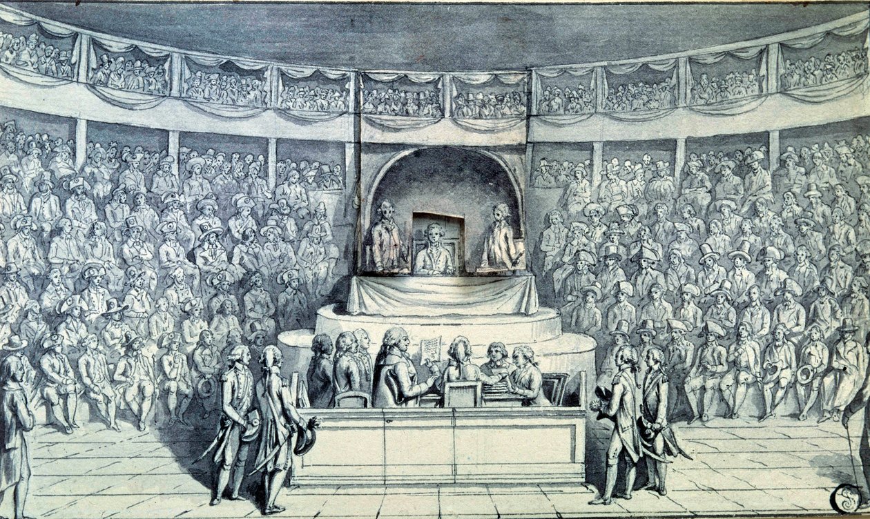 الثورة الفرنسية: استجوب أنطوان بارناف (1761-1793) الملك لويس السادس عشر (1754-1793) على رأسه أثناء محاكمته أمام المؤتمر الوطني الذي سيقرر حكم الإعدام الصادر بحقه في 21/1/1793. رسم مجهول حوالي عام 1793. باريس ، متحف اللوفر بواسطة المدرسة الفرنسية