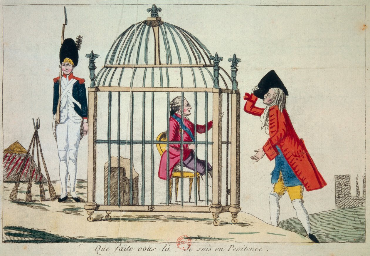الثورة الفرنسية: "ماذا تفعل ، أنا في ندم" يمثل الملك لويس السادس عشر (1754-1793) في قفص عشية رحلته إلى فارين في يونيو 1791. نقش ساخر في باريس ، مكتبة الأرسنال بواسطة المدرسة الفرنسية