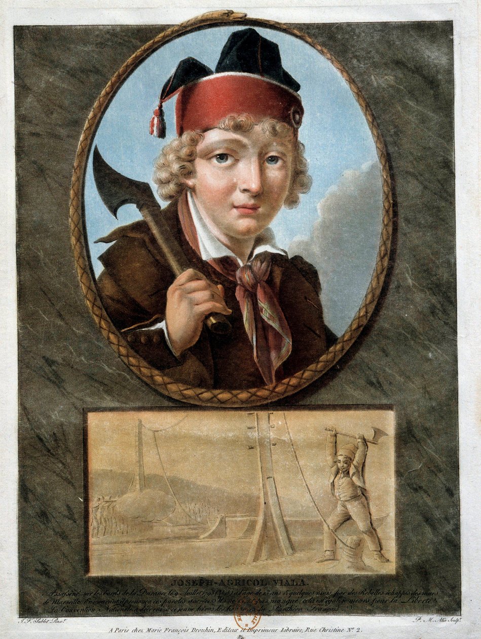 الثورة الفرنسية: صورة للشاب جوزيف أجريكول فيالا (1780-1793) الذي شارك في تمرد مرسيليا عام 1793. تم تمثيله بالطابق السفلي وهو يقطع كابلات عائم دي لا دورانس لوقف مرور الملكيين. القرن الثامن عشر بواسطة المدرسة الفرنسية