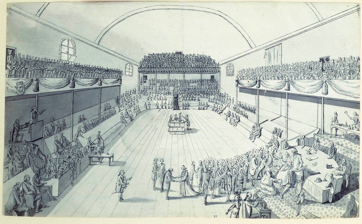 الثورة الفرنسية: ولادة الدستور في سبتمبر 1791 أعاد غي جان بابتيست تارجت هضمها (1733-1807) في غرفة Jeu de Paume في فرساي حيث أقسم النواب اليمين في 20/06/1789. رسم مجهول حوالي عام 1791. باريس ، لو بواسطة المدرسة الفرنسية
