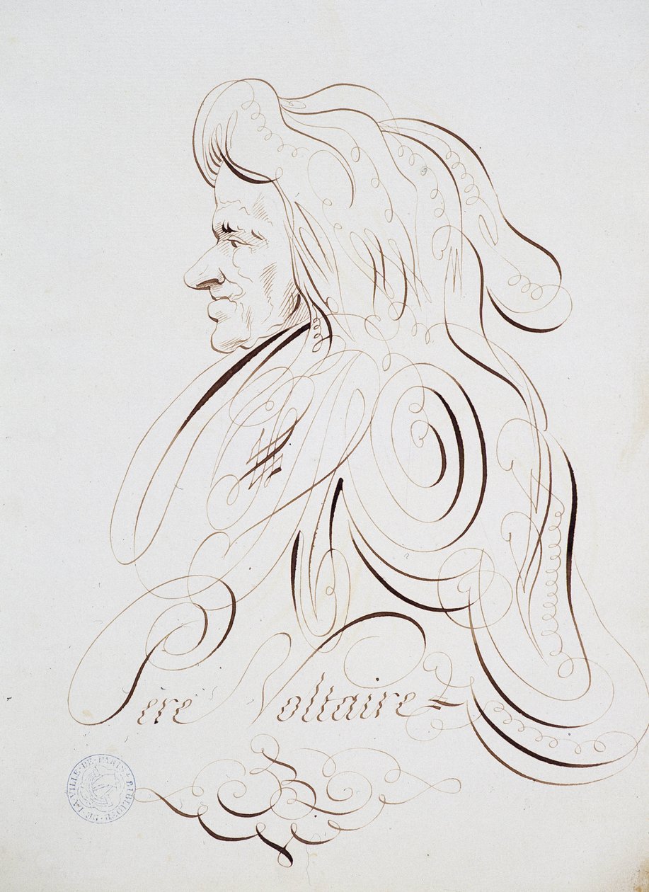 الخط الفرنسي: صورة للأب فولتير رسمها برنار دي باريس حوالي عام 1780. المكتبة التاريخية لمدينة باريس. بواسطة المدرسة الفرنسية