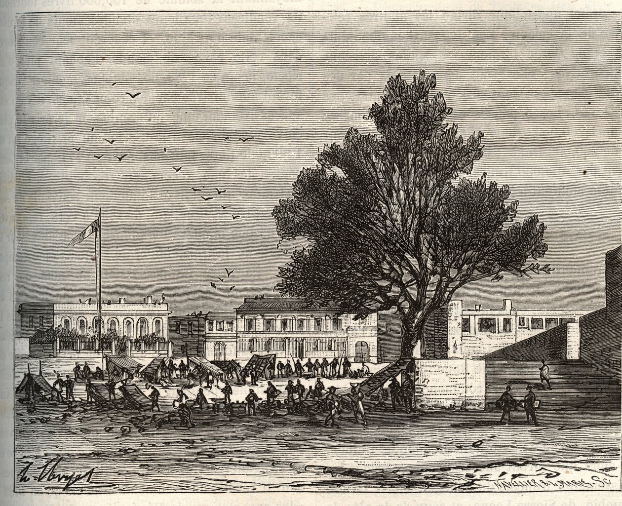 المستعمرات الفرنسية في إفريقيا - Place du gouvernement a Goree - نقش في "La France illustree: الجغرافيا والتاريخ والإدارة الإحصائية" بقلم VA Malt-Brown. 1884 بواسطة المدرسة الفرنسية