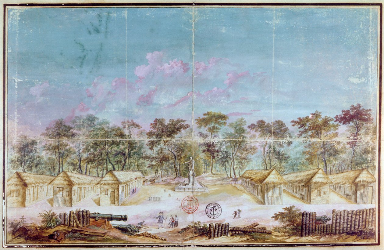 مستوطنون مستعمرون فرنسيون على شاطئ كورو ، غيانا عام 1763 (مرحاض على ورق) بواسطة المدرسة الفرنسية