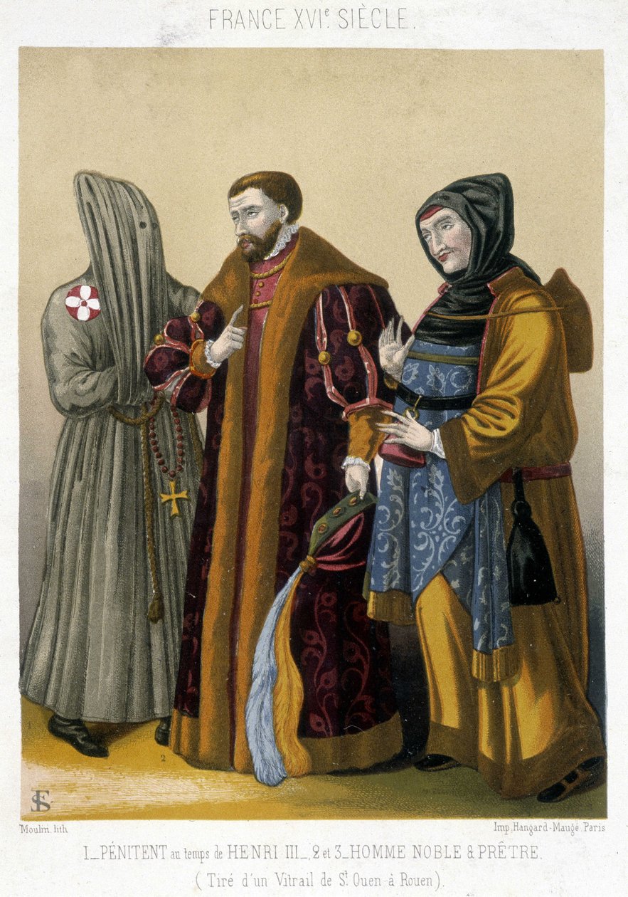 French costumes in the 16th century: On the left, a penitent, in the center a noble and on the right a priest. Illustration of the 19th century from Saint Ouen to Rouen. بواسطة المدرسة الفرنسية