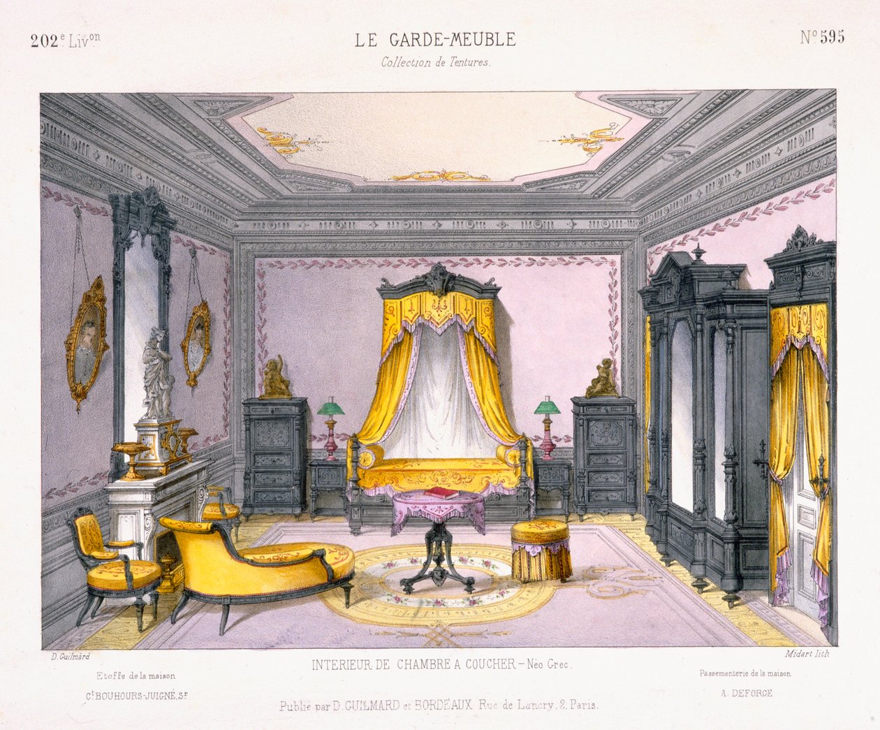 تصميم فرنسي لغرفة نوم داخلية على الطراز اليوناني الجديد من كتاب نمط Le Garde-Meuble ، نشره D Guillard ، باريس بواسطة المدرسة الفرنسية