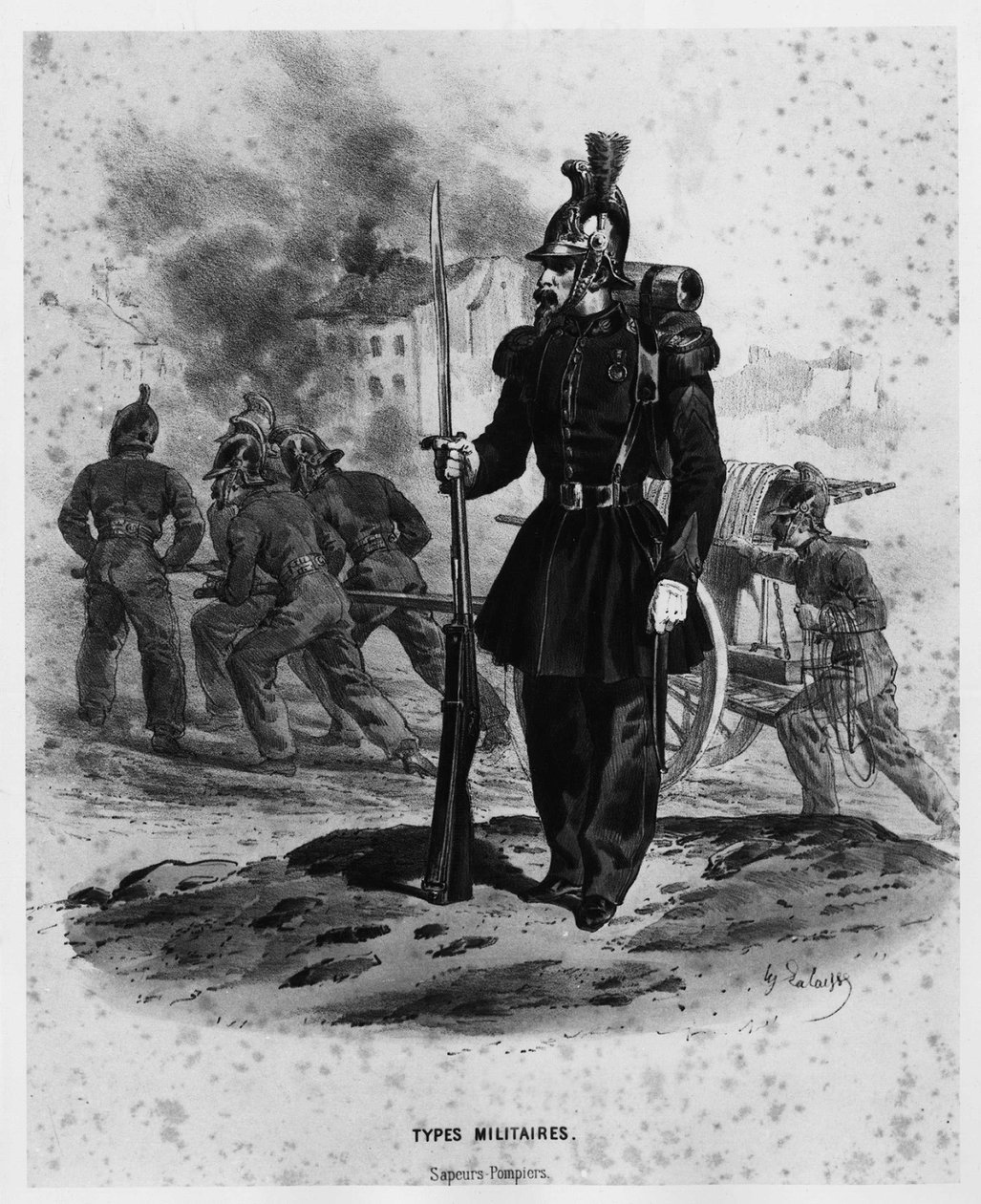 رجال الإطفاء الفرنسيون حوالي عام 1860 - رسم ، الكتاب المقدس. ديس آرت ديكو. بواسطة المدرسة الفرنسية