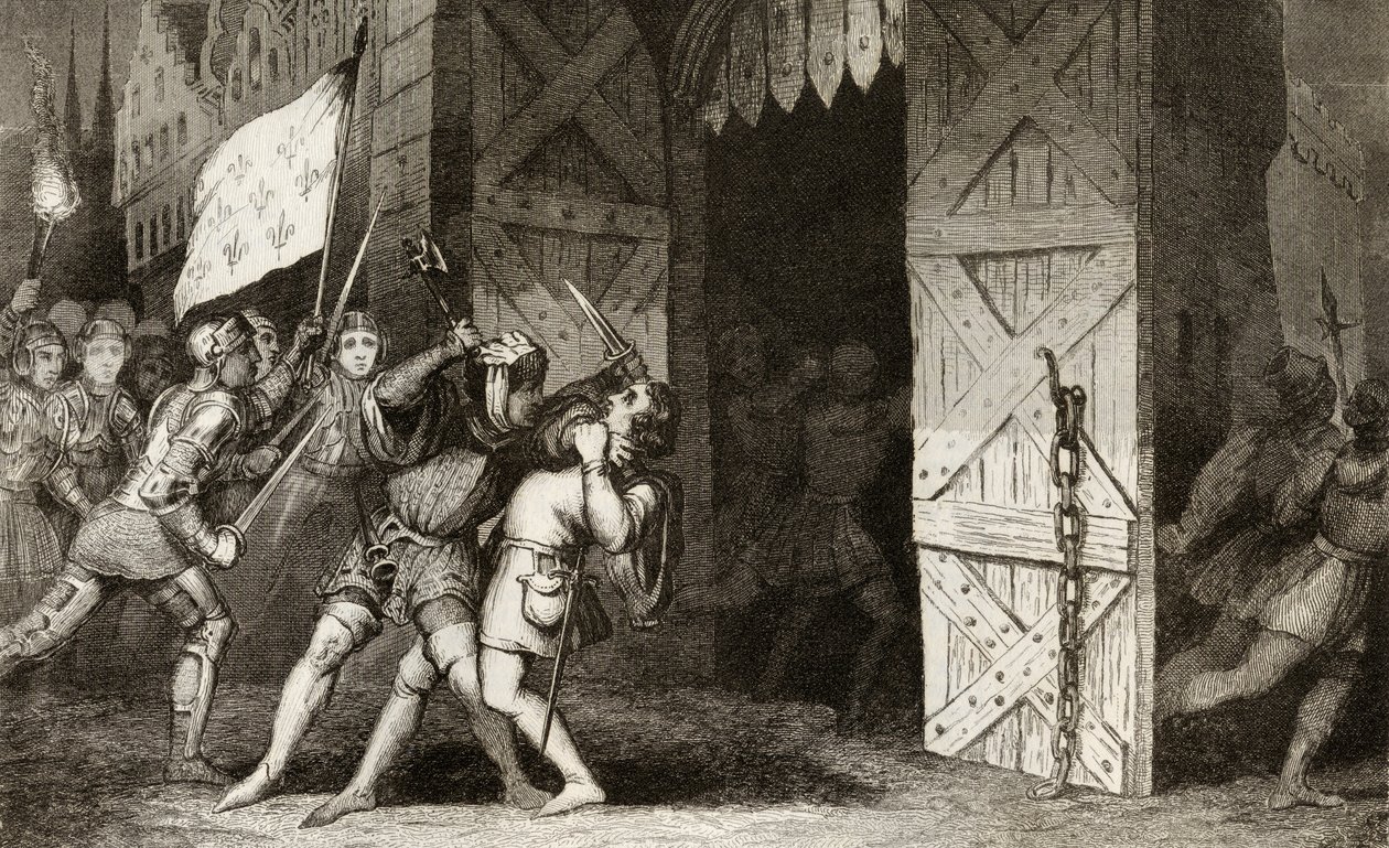 يهاجم الفرسان الفرنسيون مدينة تحت سيطرة اللغة الإنجليزية خلال حرب المائة عام ، من `` Histoire de France &39;&39; بواسطة Colart ، تم نشره عام 1840 بواسطة المدرسة الفرنسية