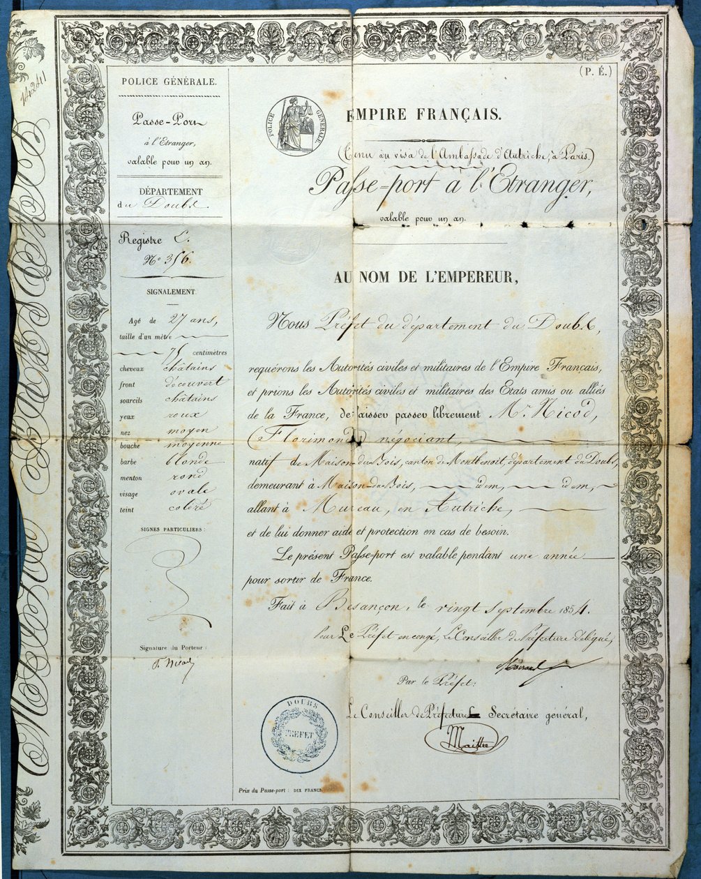 جواز سفر فرنسي من بيزانسون ، 20 سبتمبر 1854 بواسطة المدرسة الفرنسية