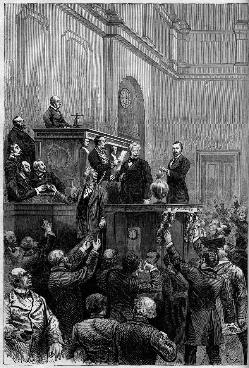 الانتخابات الرئاسية الفرنسية ، 30 يناير 1879: بعد استقالة ماك ماهون (ماك ماهون) ، صوت البرلمانيون لانتخاب رئيس جديد للجمهورية. يمثل النقش جول أرماند (جول أرماند) دوفور (1798-1881) يضع بطاقة الاقتراع بواسطة المدرسة الفرنسية