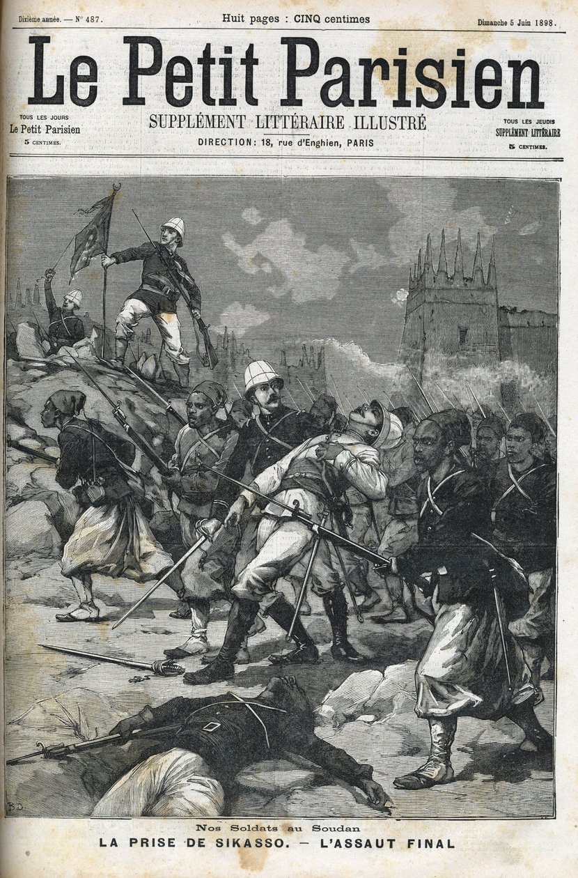 الجنود الفرنسيون في السودان: مايو 1898. إقالة سيكاسو بواسطة العقيد أودود (السودان). القبض على سيكاسو. غلاف "Le petit parisien" "" في يونيو ١٨٩٨. بواسطة المدرسة الفرنسية