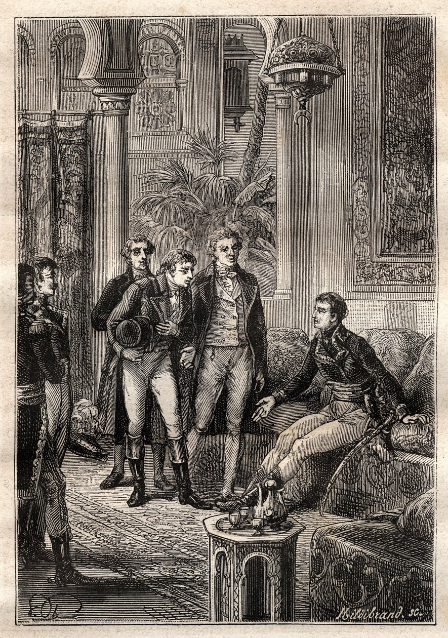 التقى فريدريش كونراد هورنمان (1772-1801) بنابليون بونابرت في القاهرة عام 1797 بحضور غاسبار مونج (1746-1818) وكلود لويس بيرثوليت (1748-1822) - رسم توضيحي مأخوذ من "البحارة العظماء في القرن الثامن عشر" بواسطة المدرسة الفرنسية