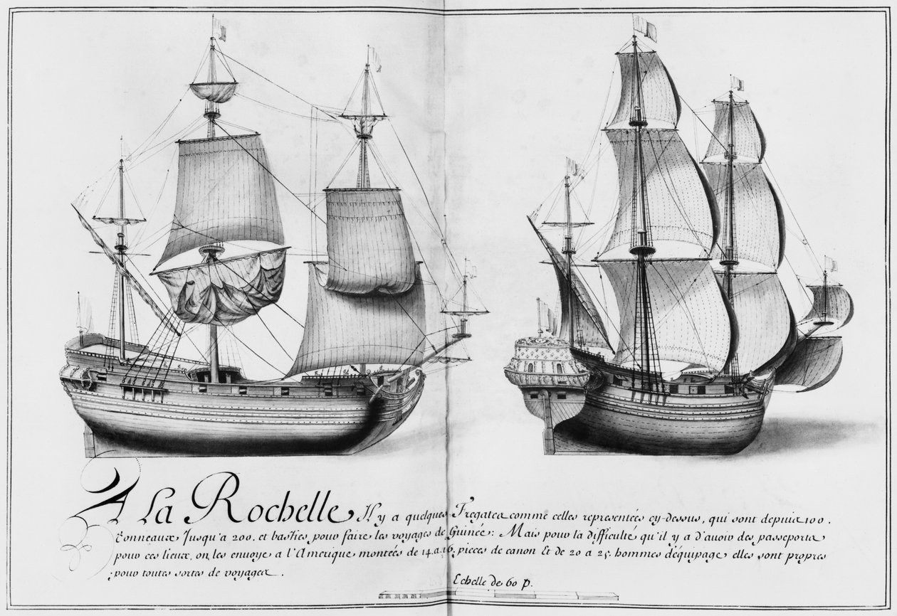 فرقاطات ، لاروشيل ، توضيح من "تصميمات طرق مختلفة للسفن ... من نانت إلى بايون ..." ، 1679 (قلم رصاص ومرحاض على الورق) (وزن صورة) بواسطة المدرسة الفرنسية