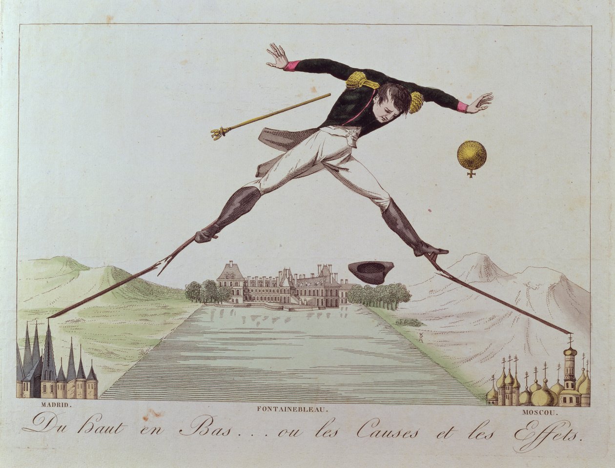 من الأعلى إلى المنخفض ... أو الأسباب والآثار ، كاريكاتير السياسة الخارجية لنابليون ، 1814 بواسطة المدرسة الفرنسية