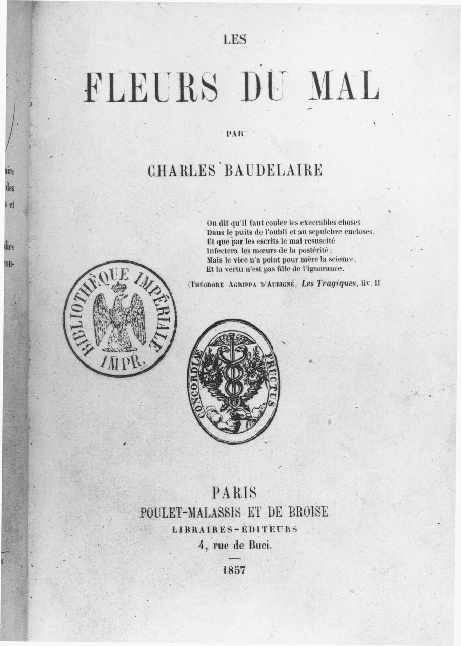 الغلاف الأمامي للطبعة الأولى من Les Fleurs du mal بقلم تشارلز بودلير (1821-67) نشرها Poulet-Malassis et de Broise ، 1857 بواسطة المدرسة الفرنسية