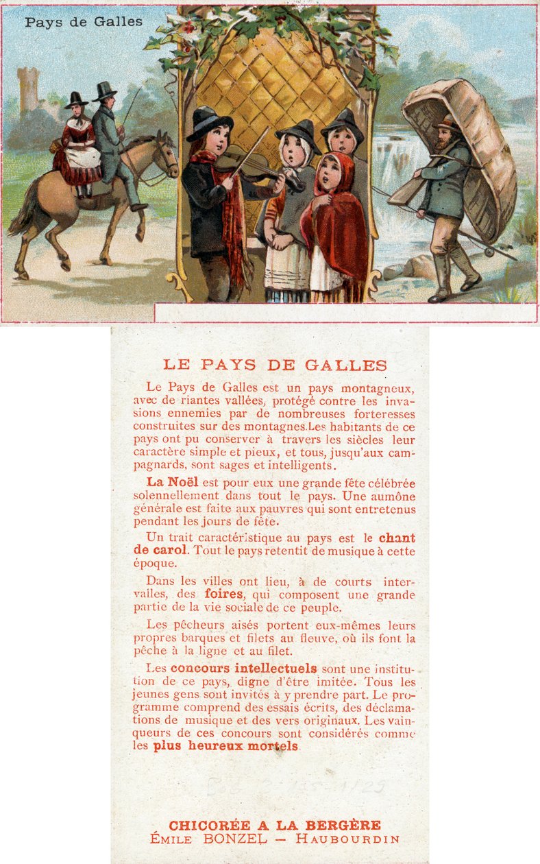 أمام وعكس بطاقة ترويجية للمشروب Chicorée à la Bergère مع تصوير للحياة في ويلز ، c.1890 (انظر أيضًا 488433) بواسطة المدرسة الفرنسية