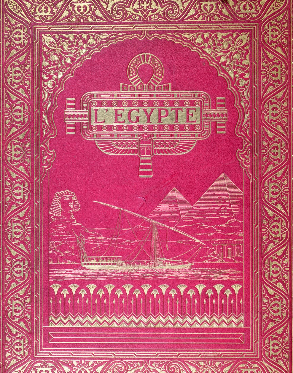 الغلاف الأمامي لمصر بواسطة G.Ebers ، نُشر في باريس ، 1880 (جلد أحمر وذهبي) بواسطة المدرسة الفرنسية