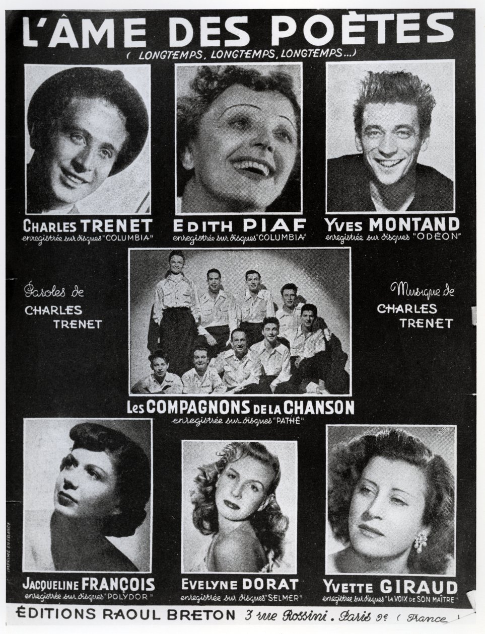 الغلاف الأمامي لنتائج أغنية LAme des Poetes مع الكلمات والموسيقى بواسطة Charles Trenet ، التي نشرتها في باريس بواسطة Editions Raoul Breton بواسطة المدرسة الفرنسية