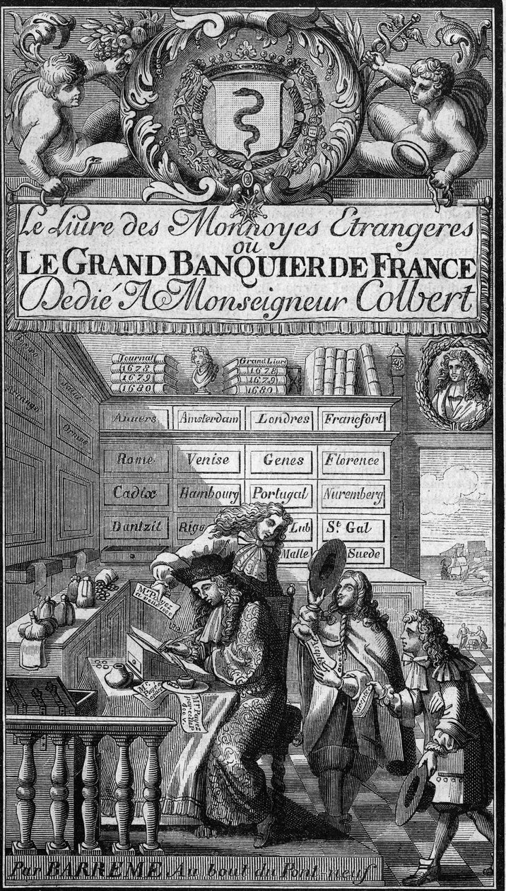 واجهة كتاب "" Livre des monnoyes etrangeres ou le grand banker de France "(1687) بواسطة فرانسوا بارريم (1638-1703) ، عالم الرياضيات الفرنسي. من المحتمل أن تكون شخصية الكتابة بالقلم صورة للمؤلف. نقش في "" Le Magasin الخلابة "&q بواسطة المدرسة الفرنسية