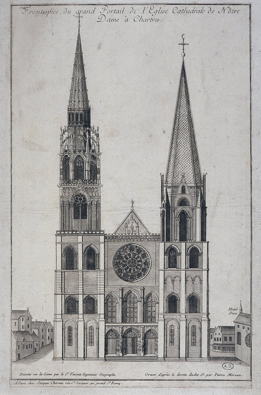 واجهة البوابة الكبيرة للكنيسة Cathedrale de Notre Dame à Chartres ، التي صممها في الموقع مهندس سانت فنسنت الجغرافي ، sd. القرن ال 19 بواسطة المدرسة الفرنسية