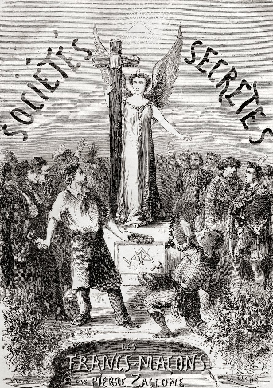 نُشرت نسخة من Frontispiece من Societes Secretes ، les Francs Macons ، c.1867 بواسطة المدرسة الفرنسية