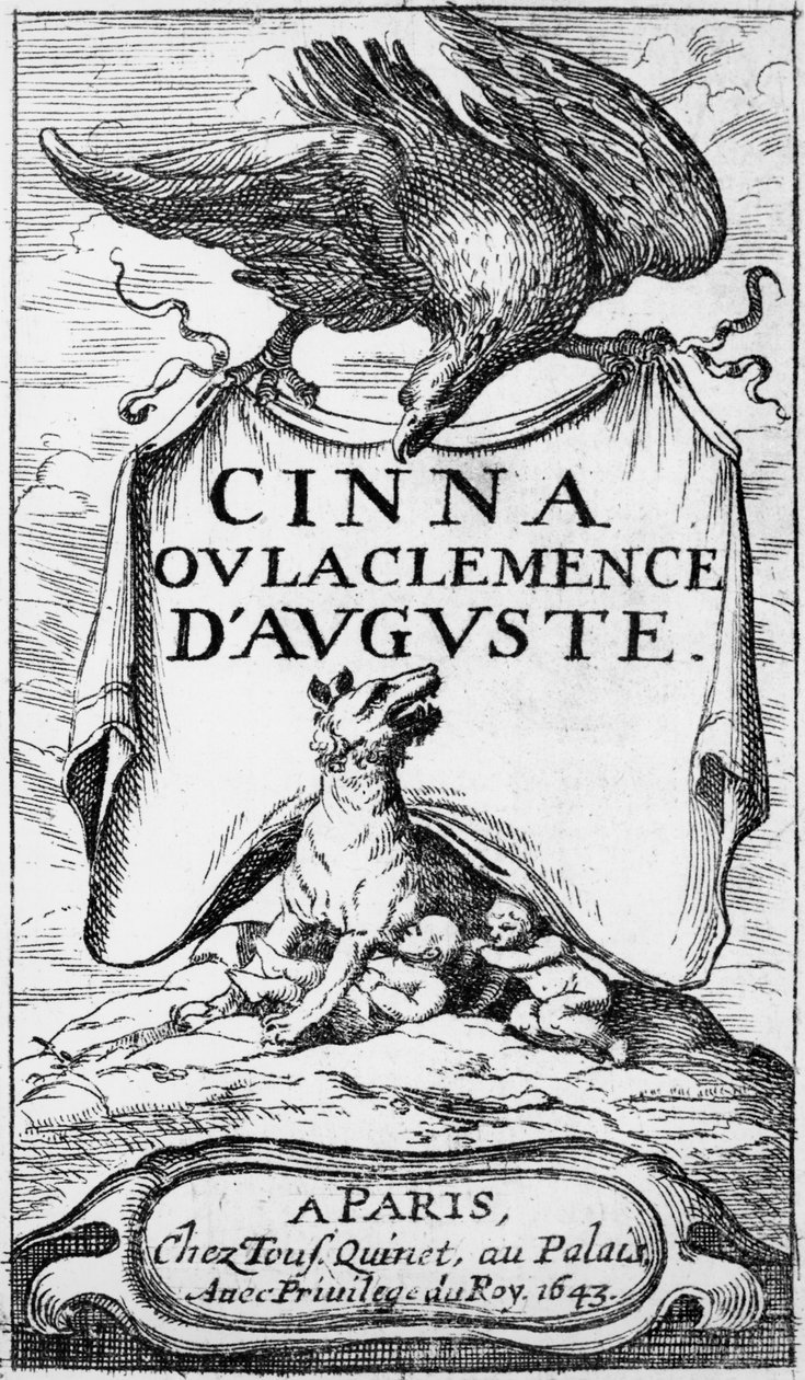 صورة من Cinna ou la Clemence dAuguste بقلم بيير كورنيل (1606-84) نشرت في 1643 بواسطة المدرسة الفرنسية