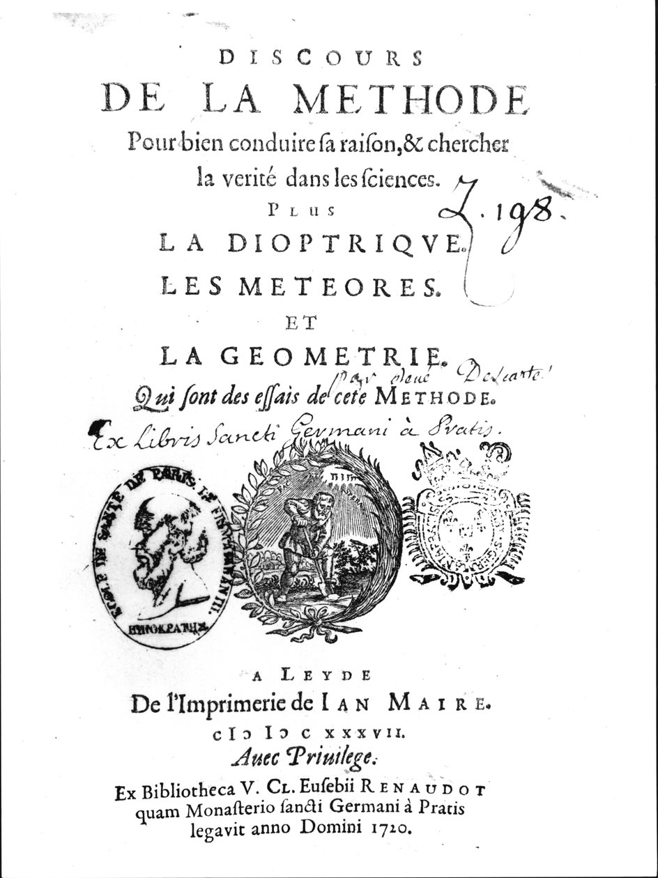الجزء الأمامي من Discours de la Methode متبوعًا بـ La Dioptrique ، Les Meteores et La Geometrie بواسطة Rene Descartes (1596-1650) ، نُشر لأول مرة في Leiden في 1637 بواسطة المدرسة الفرنسية